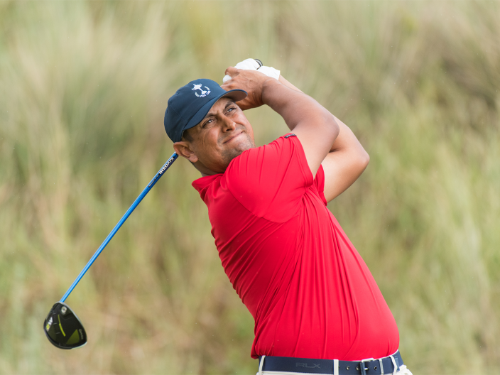 Rich Berberian Jr. of the United States hits his tee shot on the first hole during the Singles Matches for the 29th PGA Cup.