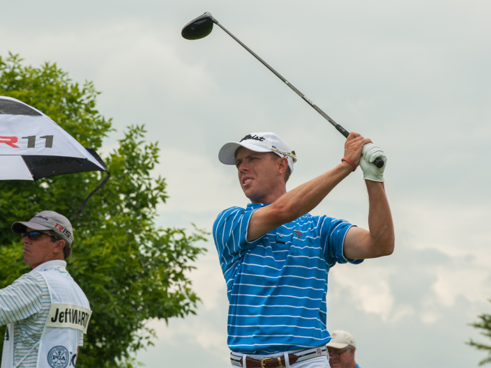 David Damesworth hits his tee shot on the ninth hole during the final round of the 49th PGA Professional Championship
